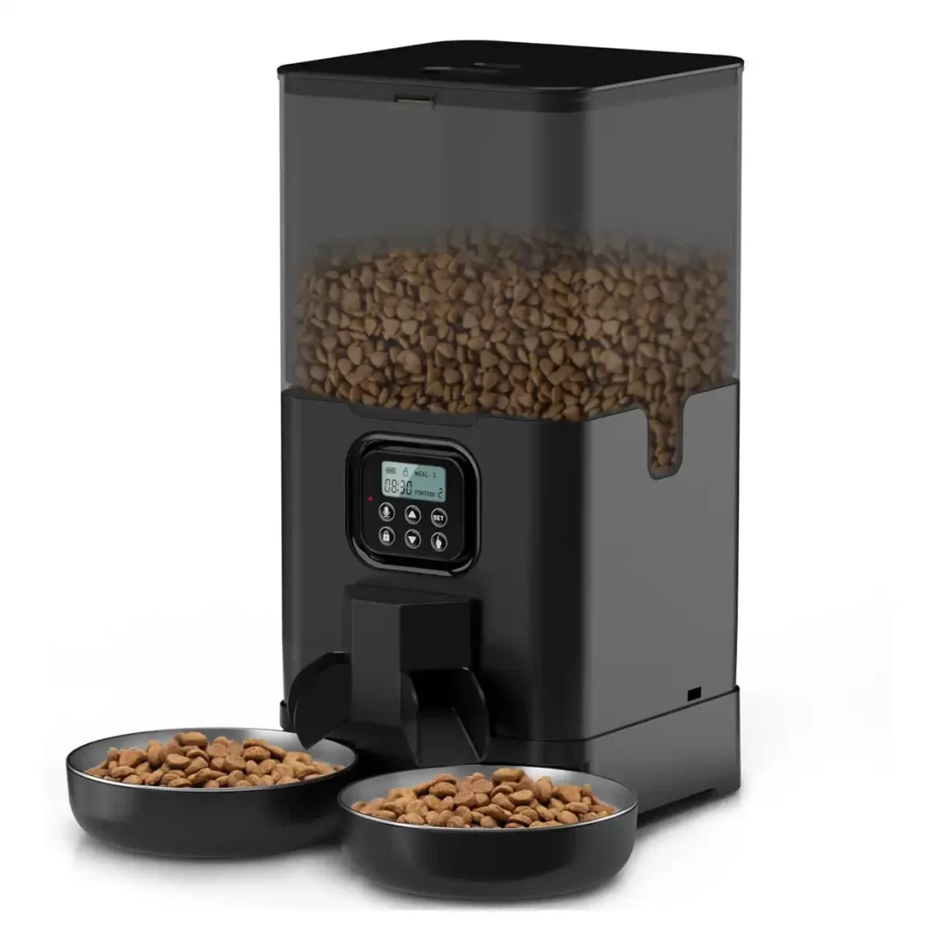 Cat Feeder for Two Cats, Double Pet Feeder with 2 Stainless Steel Bowls,6L Timed Cat Feeders with Memory Function