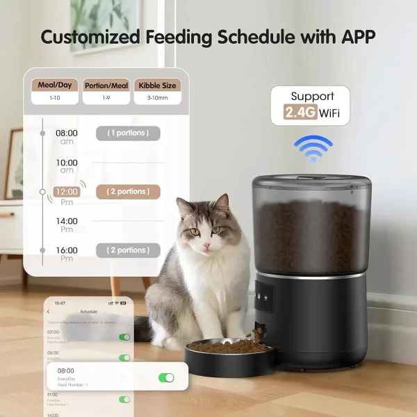 Automatic Cat Feeder, Cat Food Dispenser 4L, 2.4G WiFi Cat Feeder Automatic 1-10 Meals, 1-9 Portions/Meal Timed Cat Feeder, Automatic Pet Feeder for Cats Dog with Stainless Steel Feeding Bowl - Image 3